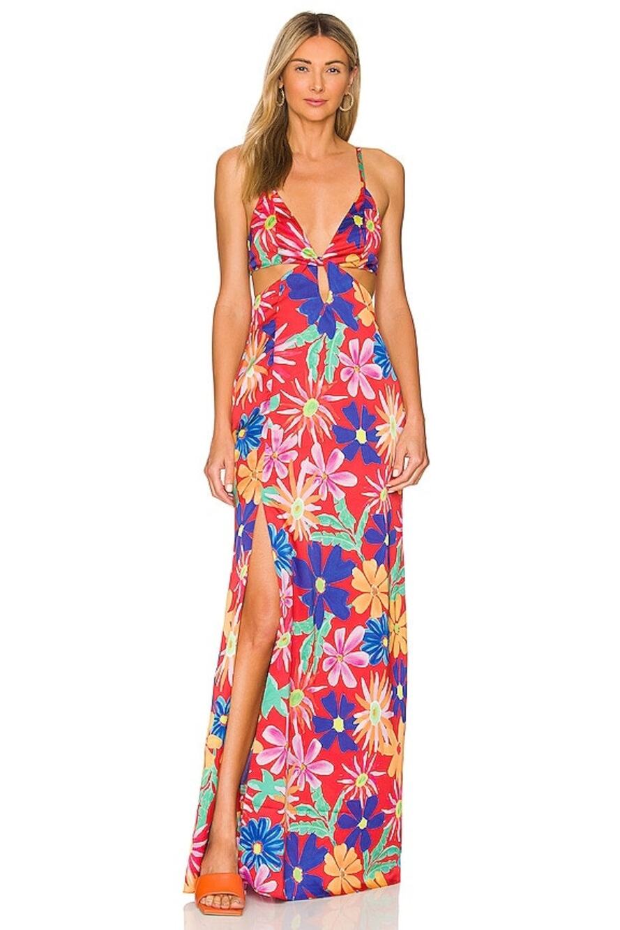 PatBO Aster Dress Maxi Satin Floral Cutout Party Formal Wedding Guest Vacation 8